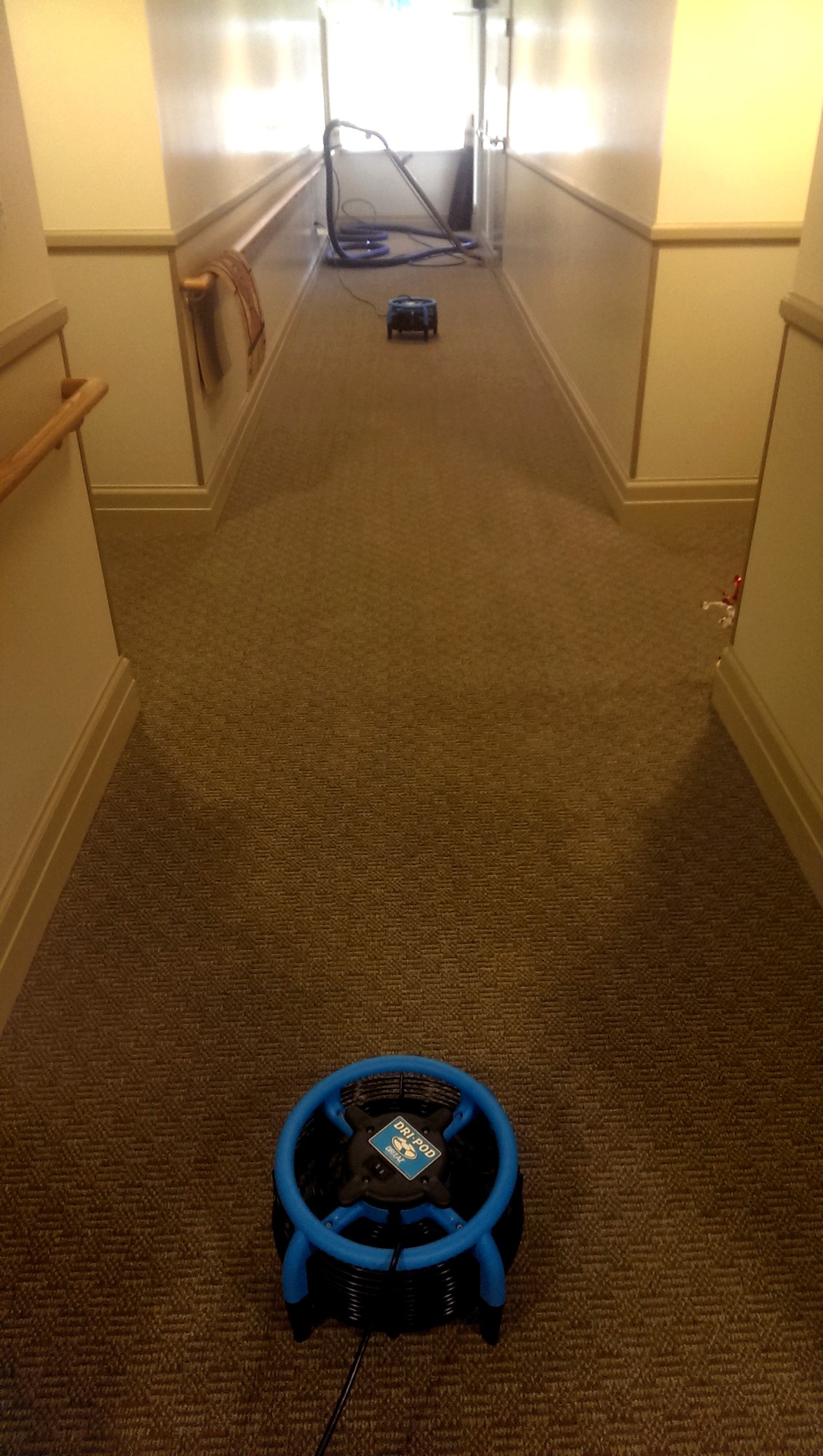Dri-Pod air movers down a carpeted hallway after extraction